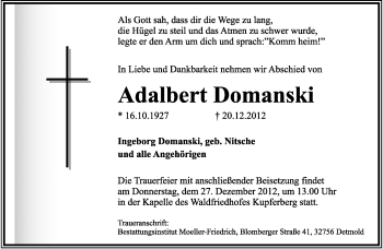 Anzeige  Adalbert Domanski  Lippische Landes-Zeitung