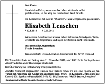 Anzeige  Elisabeth Lenschen  Lippische Landes-Zeitung