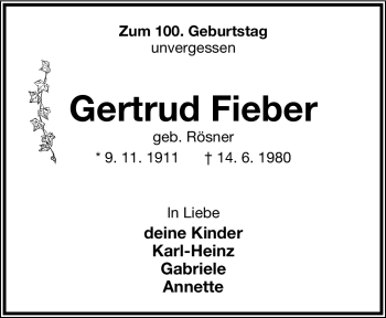 Anzeige  Gertrud Fieber  Lippische Landes-Zeitung