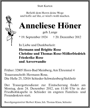 Anzeige  Anneliese Höner  Lippische Landes-Zeitung