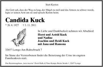 Anzeige  Candida Kuck  Lippische Landes-Zeitung