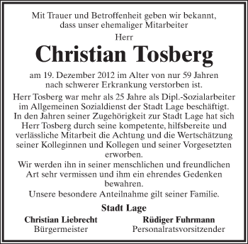 Anzeige  Christian Tosberg  Lippische Landes-Zeitung