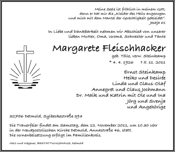 Anzeige  Margarete Fleischhacker  Lippische Landes-Zeitung