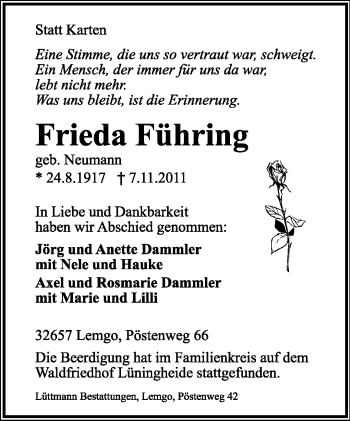 Anzeige  Frieda Führing  Lippische Landes-Zeitung