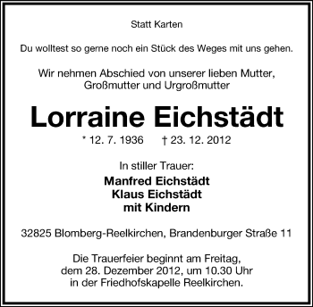 Anzeige  Lorraine Eichstädt  Lippische Landes-Zeitung