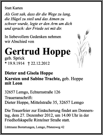 Anzeige  Gertrud Hoppe  Lippische Landes-Zeitung