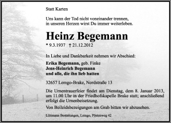 Anzeige  Heinz Begemann  Lippische Landes-Zeitung