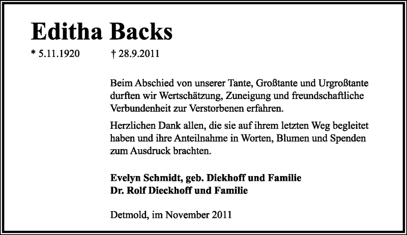  Traueranzeige für Editha Backs vom 12.11.2011 aus Lippische Landes-Zeitung