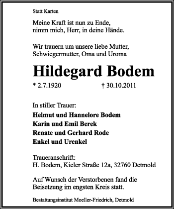 Anzeige  Hildegard Bodem  Lippische Landes-Zeitung