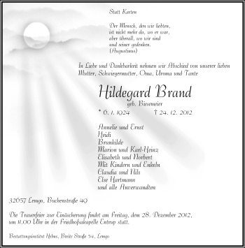 Anzeige  Hildegard Brand  Lippische Landes-Zeitung