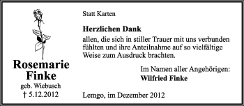 Anzeige  Rosemarie Finke  Lippische Landes-Zeitung
