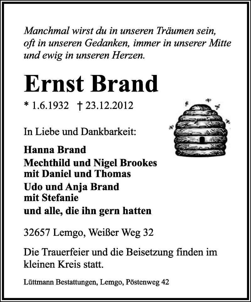  Traueranzeige für Ernst Brand vom 29.12.2012 aus Lippische Landes-Zeitung