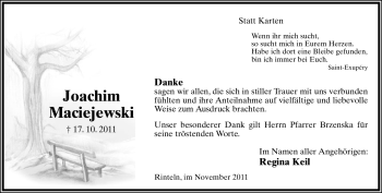 Anzeige  Joachim Maciejewski  Lippische Landes-Zeitung