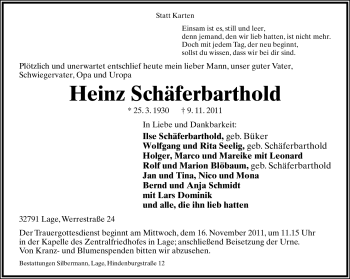 Anzeige  Heinz Schäferbarthold  Lippische Landes-Zeitung