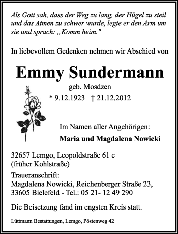 Anzeige  Emma Sundermann  Lippische Landes-Zeitung