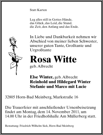 Anzeige  Rosa Witte  Lippische Landes-Zeitung