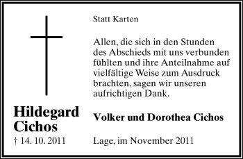 Anzeige  Hildegard Cichos  Lippische Landes-Zeitung
