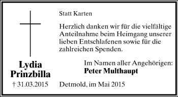 Anzeige  Lydia Prinzbilla  Lippische Landes-Zeitung