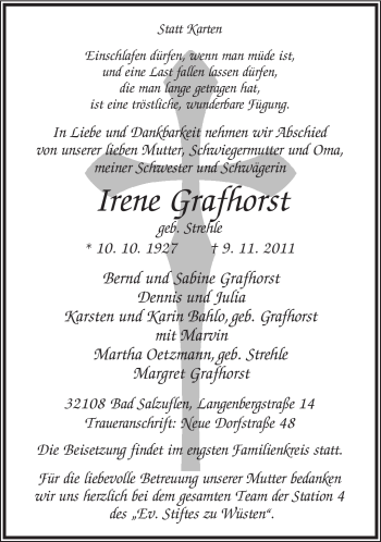 Anzeige  Irene Grafhorst  Lippische Landes-Zeitung