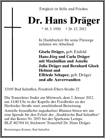 Anzeige  Hans Dräger  Lippische Landes-Zeitung