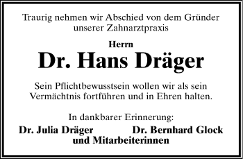 Anzeige  Hans Dräger  Lippische Landes-Zeitung