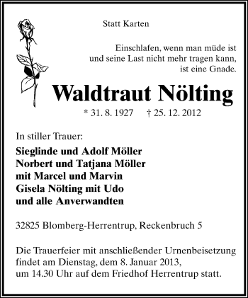 Anzeige  Waldtraut Nölting  Lippische Landes-Zeitung