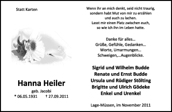 Anzeige  Hanna Heiler  Lippische Landes-Zeitung