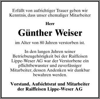 Anzeige  Günther Weiser  Lippische Landes-Zeitung