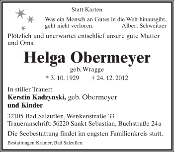 Anzeige  Helga Obermeyer  Lippische Landes-Zeitung