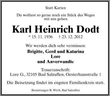 Anzeige  Karl Heinrich  Dodt  Lippische Landes-Zeitung