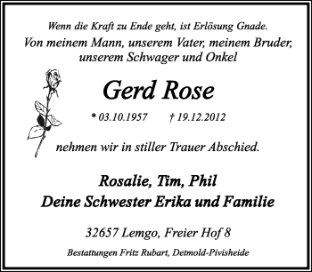 Anzeige  Gerd Rose  Lippische Landes-Zeitung