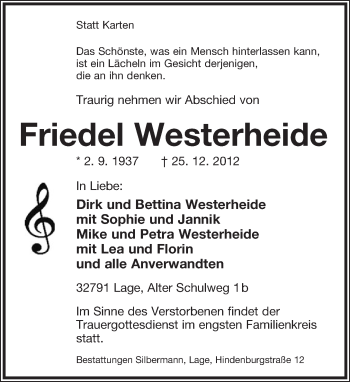 Anzeige  Friedel Westerheide  Lippische Landes-Zeitung