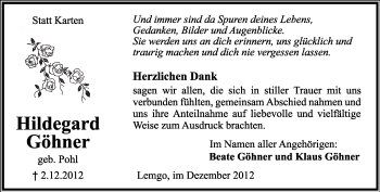 Anzeige  Hildegard Göhner  Lippische Landes-Zeitung