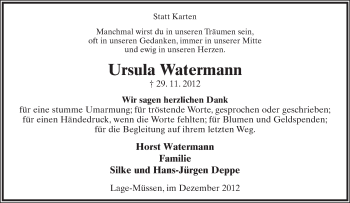 Anzeige  Ursula Watermann  Lippische Landes-Zeitung