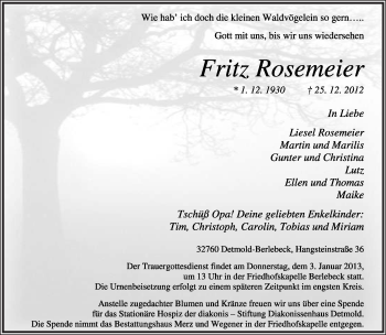 Anzeige  Fritz Rosemeier  Lippische Landes-Zeitung