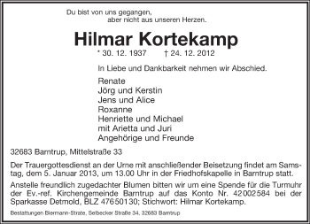 Anzeige  Hilmar Kortekamp  Lippische Landes-Zeitung