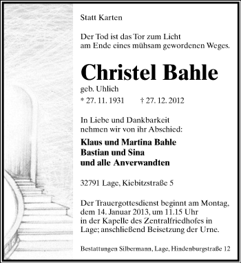 Anzeige  Christel Bahle  Lippische Landes-Zeitung