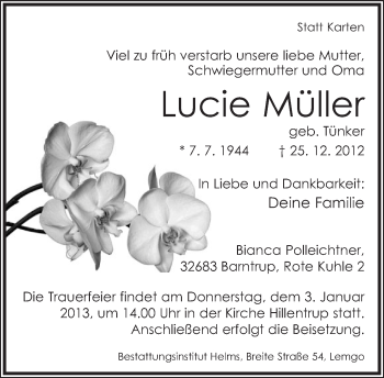 Anzeige  Lucie Müller  Lippische Landes-Zeitung