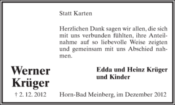 Anzeige  Werner Krüger  Lippische Landes-Zeitung