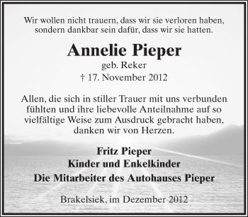 Anzeige  Annelie Pieper  Lippische Landes-Zeitung
