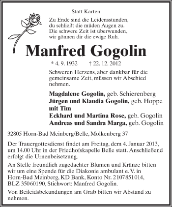 Anzeige  Manfred Gogolin  Lippische Landes-Zeitung