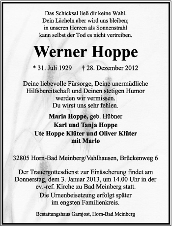 Anzeige  Werner Hoppe  Lippische Landes-Zeitung