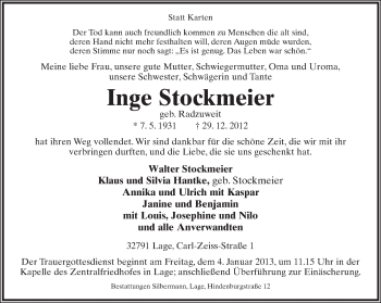 Anzeige  Inge Stockmeier  Lippische Landes-Zeitung