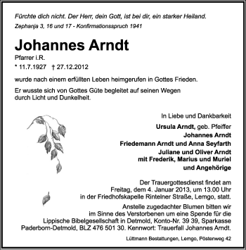 Anzeige  Johannes Arndt  Lippische Landes-Zeitung