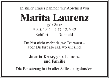 Anzeige  Marita Laurenz  Lippische Landes-Zeitung