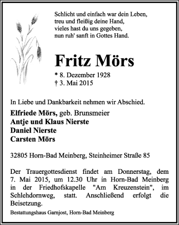 Anzeige  Fritz Mörs  Lippische Landes-Zeitung