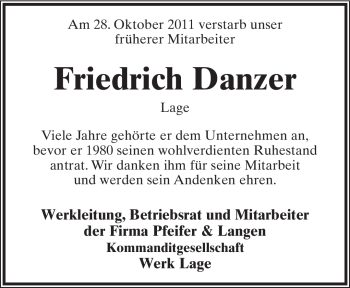 Anzeige  Friedrich Danzer  Lippische Landes-Zeitung