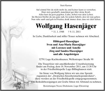Anzeige  Wolfgang Hasenjäger  Lippische Landes-Zeitung
