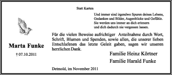 Anzeige  Marta Funke  Lippische Landes-Zeitung