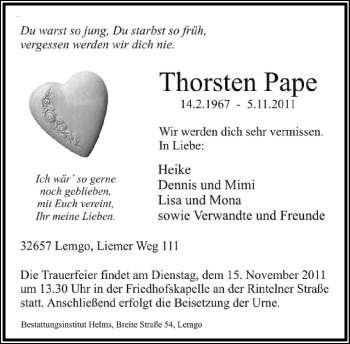 Anzeige  Thorsten Pape  Lippische Landes-Zeitung